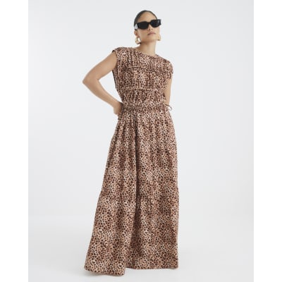 Petite Beige Leopard Print Tiered Maxi Dress