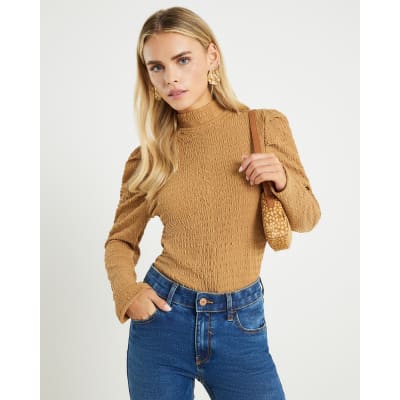 Petite Beige Long Sleeve Ruched Shoulder Top