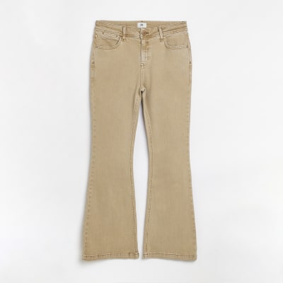 Petite beige mid rise flared jeans