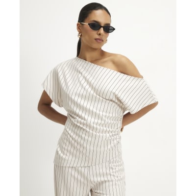 Petite Pinstripe Asymmetric Drape Top