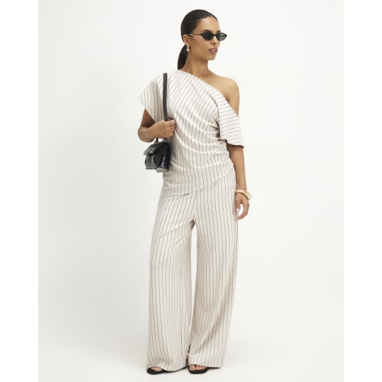 River Island Petite Beige Pinstripe Wide Leg Trousers
