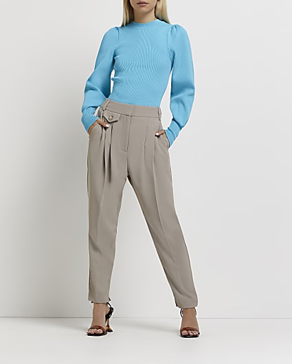 Petite beige pleated tapered trousers