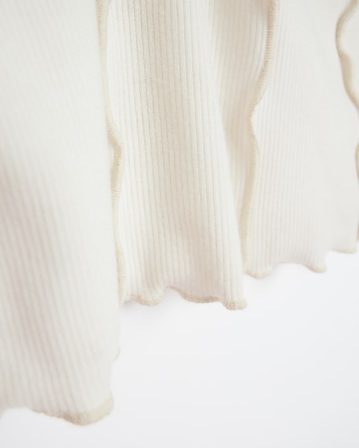 Petite beige rib seam detail long sleeve top