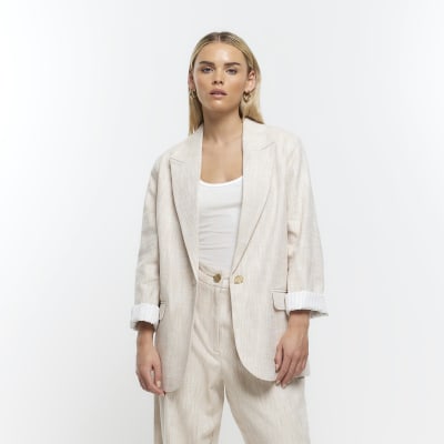 Petite beige rolled sleeve blazer with linen | River Island