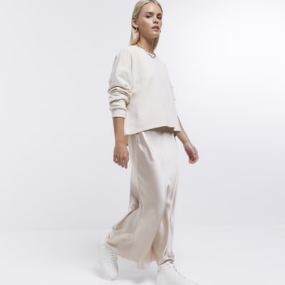 Petite beige satin maxi skirt