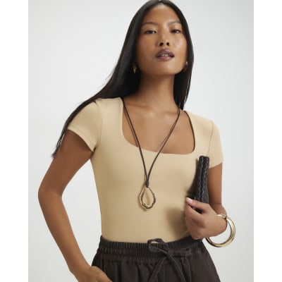 Petite Beige Scoop Neck Bodysuit