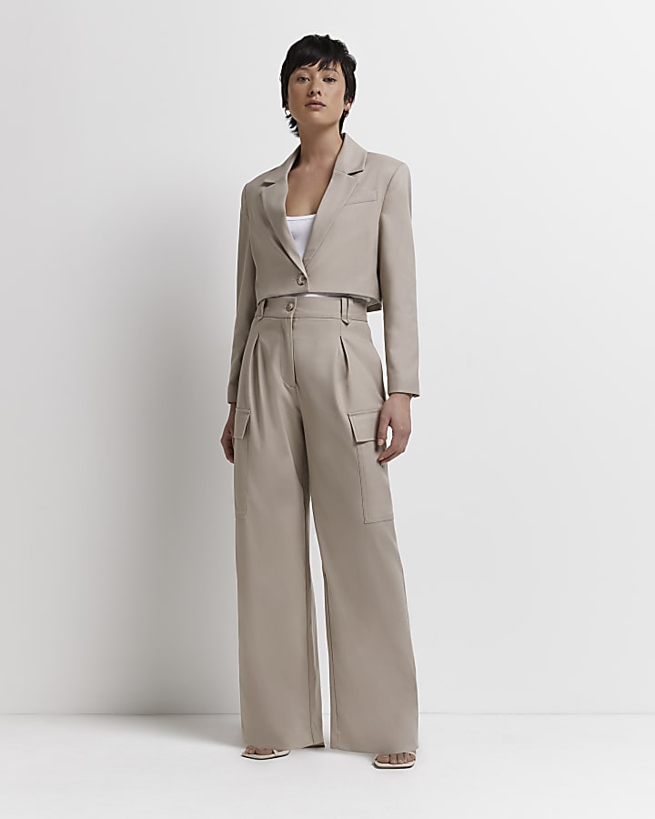 Petite beige tailored utility trousers