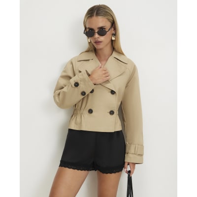 Petite Beige Waisted Short Trench Jacket