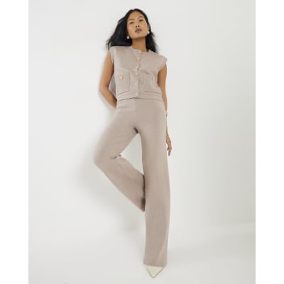 Petite Beige Wide Leg Knitted Trousers