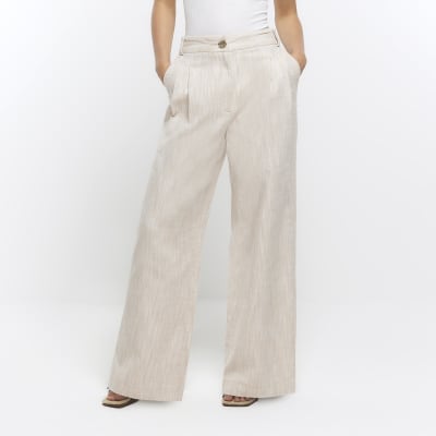 Petite beige wide leg trousers with linen | River Island