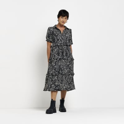 Petite black animal print midi shirt dress