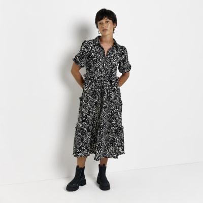 Petite black animal print midi shirt dress