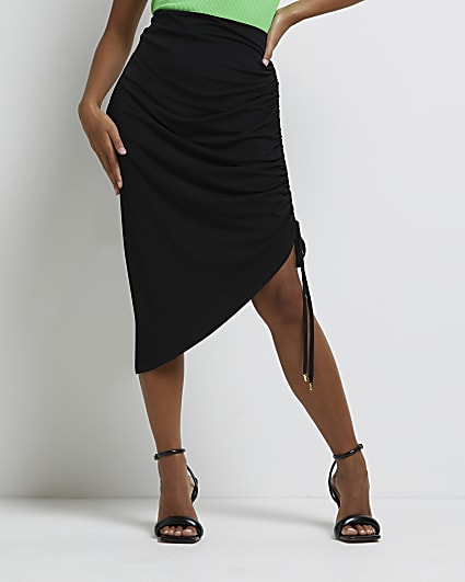 Petite black asymmetric ruched midi skirt