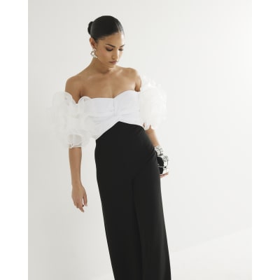 Petite Black Bardot Corsage Wide Leg Jumpsuit