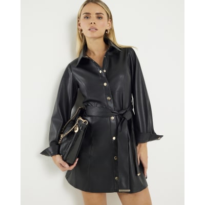 Petite Black Belted Faux Leather Shirt Dress