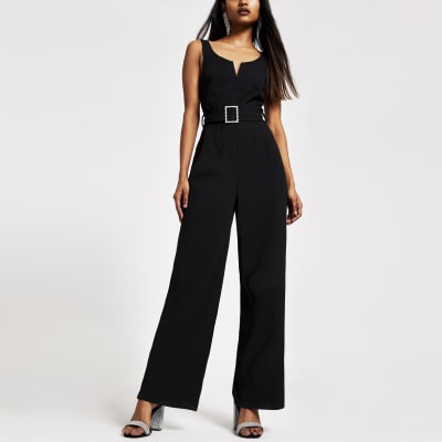 Petite black belted jumpsuit River Island