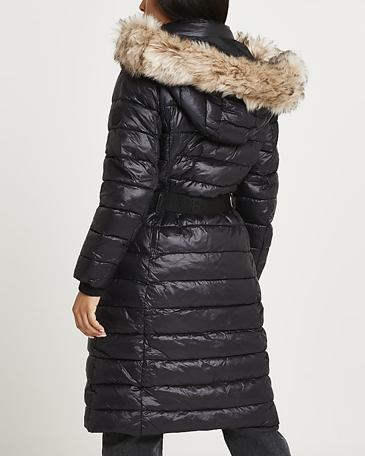 Petite black belted longline puffer coat