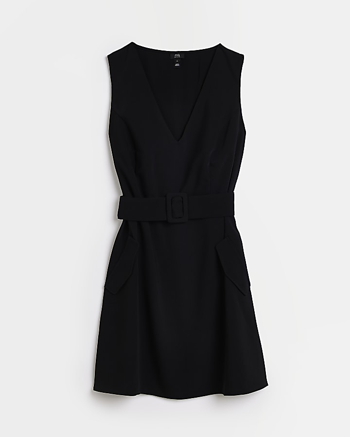 Petite black belted shift mini dress