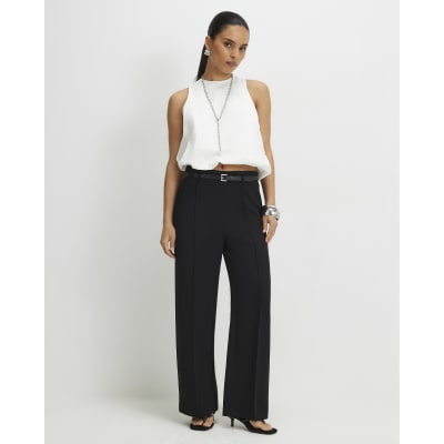 Petite Black Belted Straight Leg Trousers