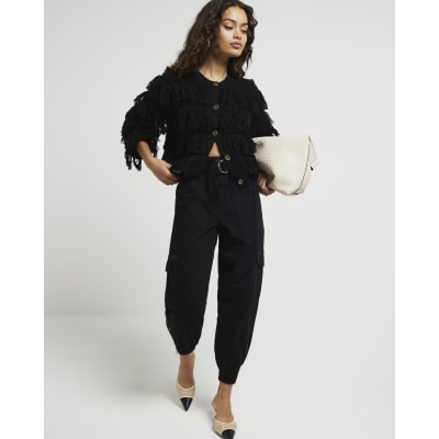 Petite black belted utility cargo trousers | River Island