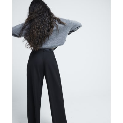 Petite Black Belted Wide Leg Trousers River Island