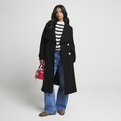 Petite black belted wrap coat River Island