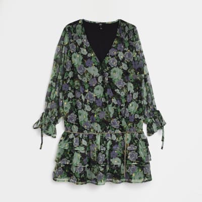 Petite black chiffon floral belted mini dress