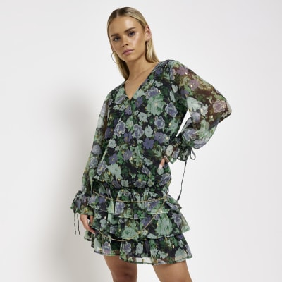 Petite black chiffon floral belted mini dress