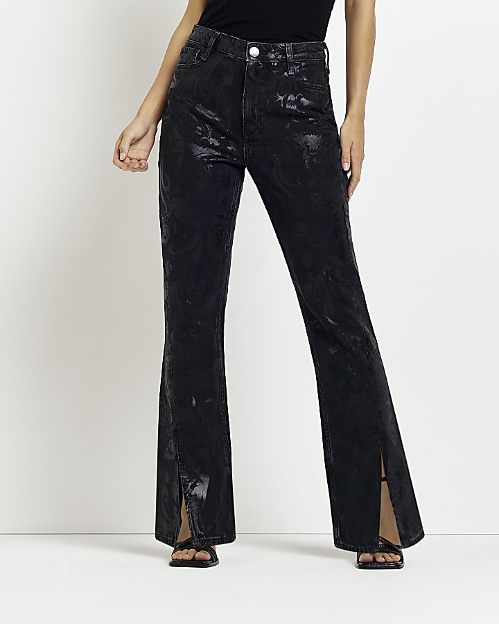 Petite black coated high waisted flared jeans