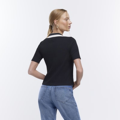 Petite black collared short sleeve top