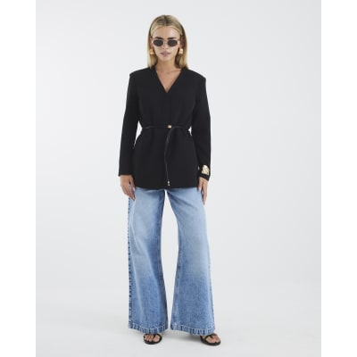 Petite Black Collarless Belted Blazer