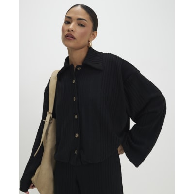 Petite Black Cosy Bubble Hem Cardigan