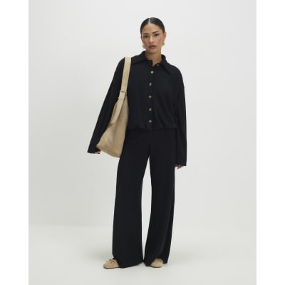 Petite Black Cosy Wide Leg Ribbed Trousers