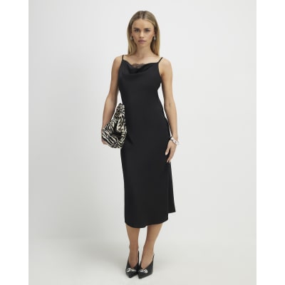 Petite Black Cowl Neck Lace Trim Midi Dress