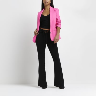 Mid Waist Stretchy Flared Trousers Black 1