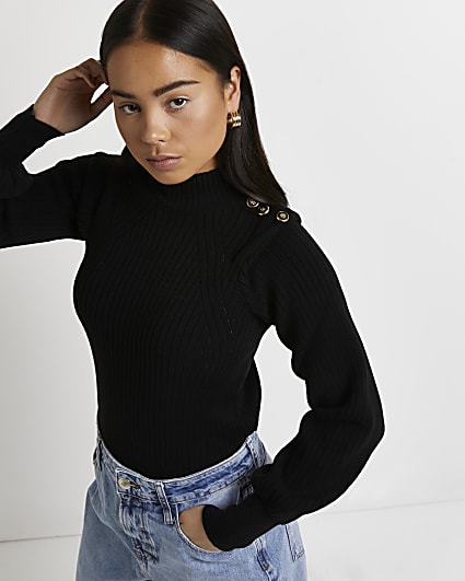 Petite black extended shoulder knit jumper