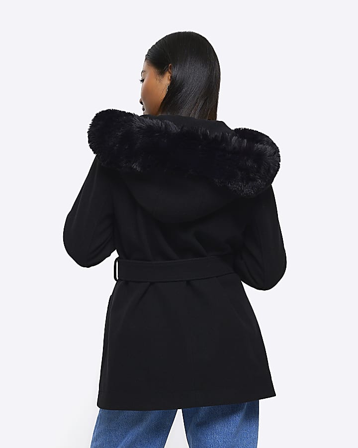 Petite black faux fur belted coat | River Island