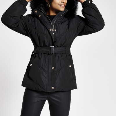 river island puffer jacket with hood in black