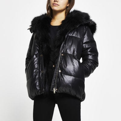 black faux fur hooded jacket