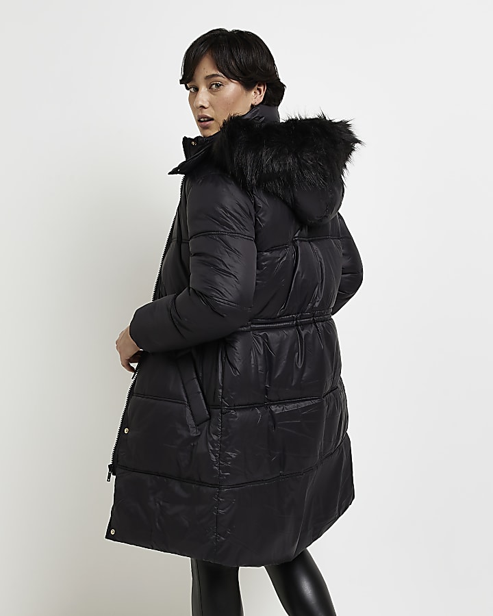 Petite black faux fur trim hooded puffer coat