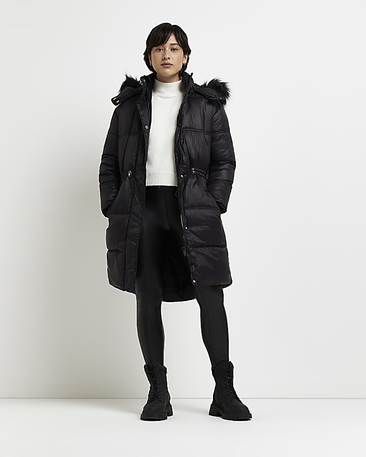Petite black faux fur trim hooded puffer coat