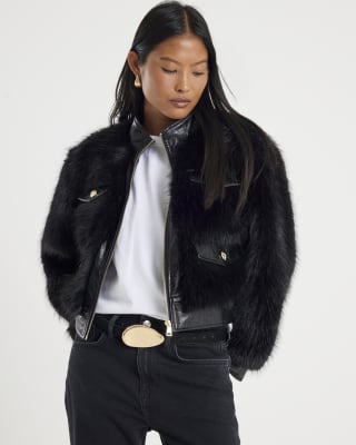 Petite Black Faux Fur Trophy Jacket River Island