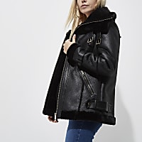 Petite black faux leather aviator jacket