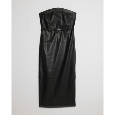 Petite Black Faux Leather Bandeau Midi Dress