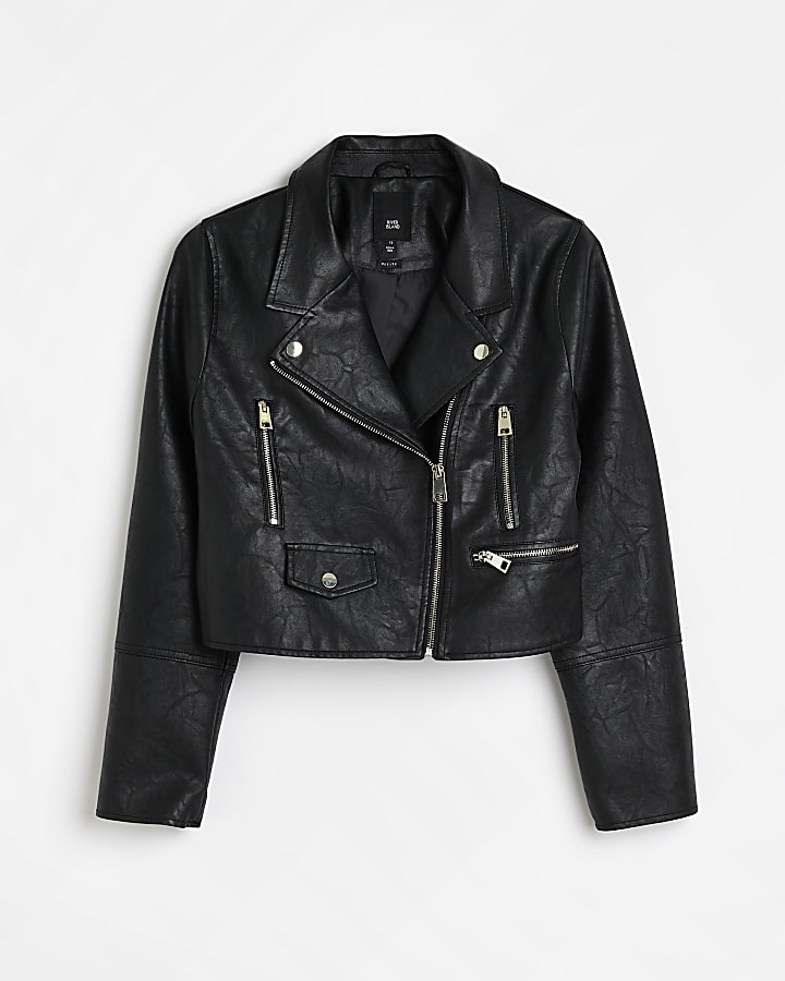 Petite black faux leather biker jacket