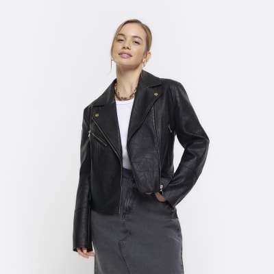 Petite Black Faux Leather Biker Jacket | River Island