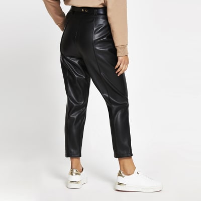 Petite Black faux leather cigarette trousers