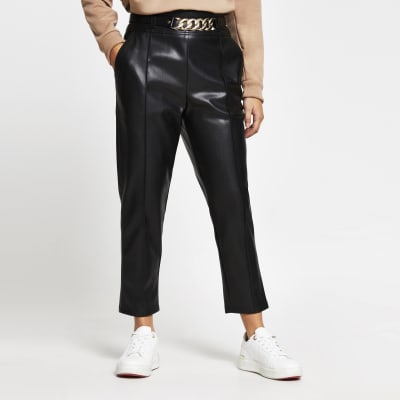 Petite Black faux leather cigarette trousers