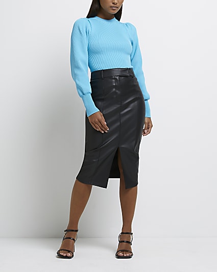 Petite black faux leather midi skirt