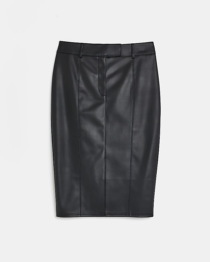 Petite black faux leather pencil midi skirt